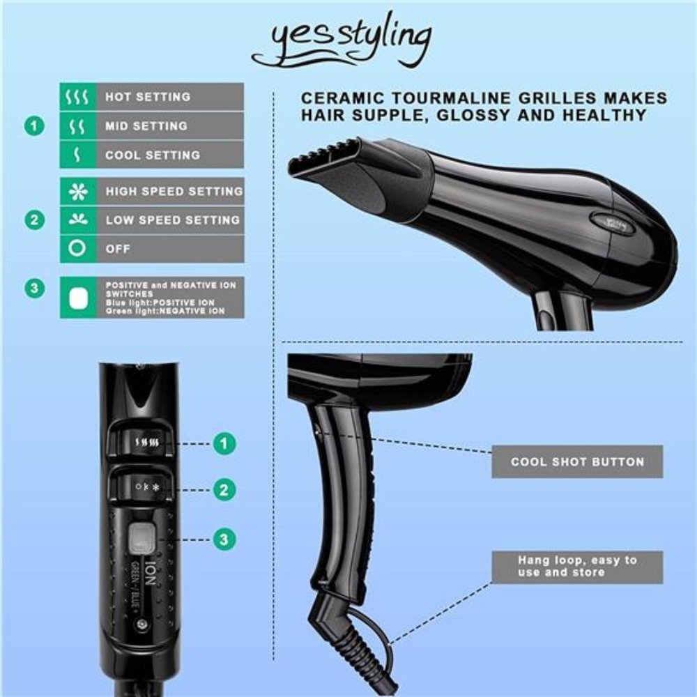 1875 Watt Hair Dryer with Active Oxygen Negative ions with 2 Nozzles